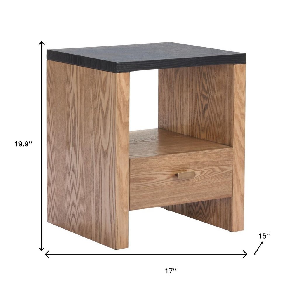 Black Wood Free Form Pedestal End Table with Drawer and Shelf - 20-inch