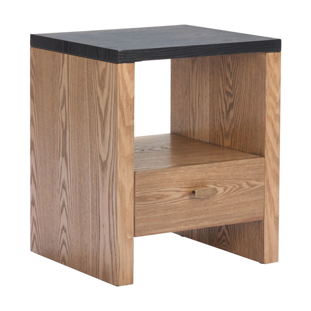 Black Wood Free Form Pedestal End Table with Drawer and Shelf - 20-inch