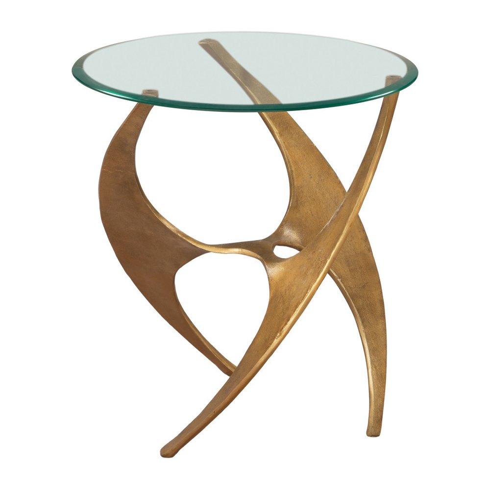 Clear and Gold Glass and Distressed Aluminum Circular End Table