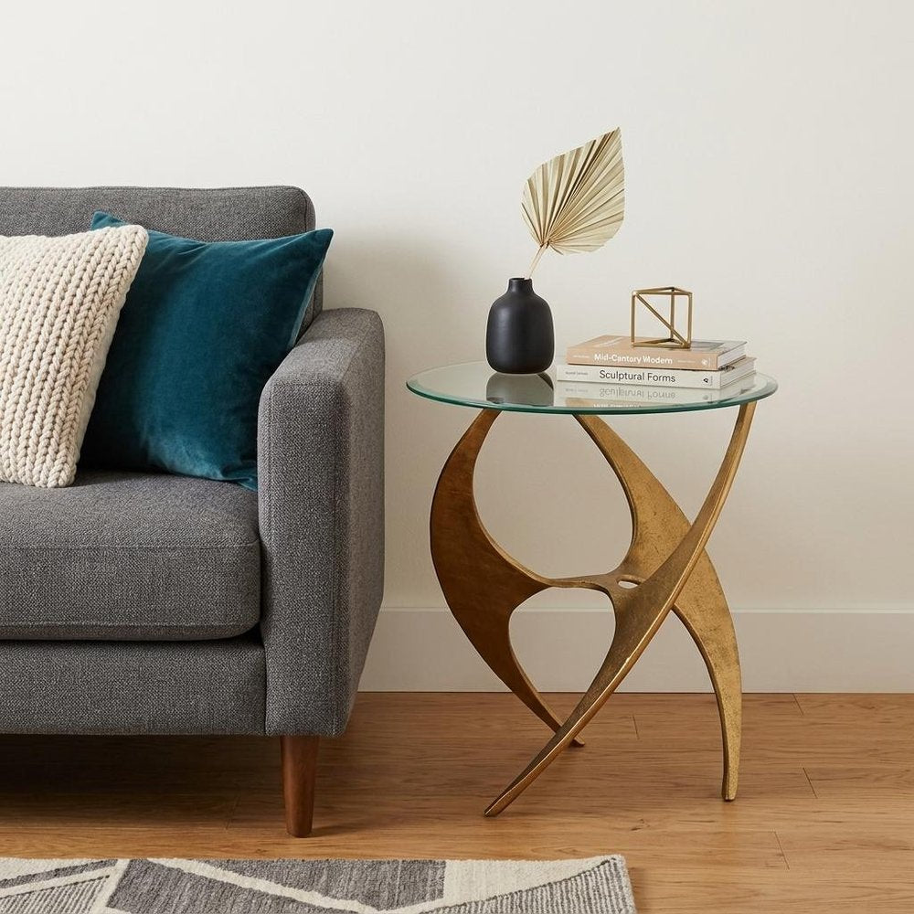 Clear and Gold Glass and Distressed Aluminum Circular End Table