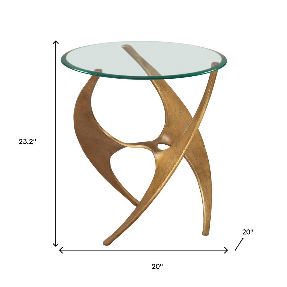 Clear and Gold Glass and Distressed Aluminum Circular End Table