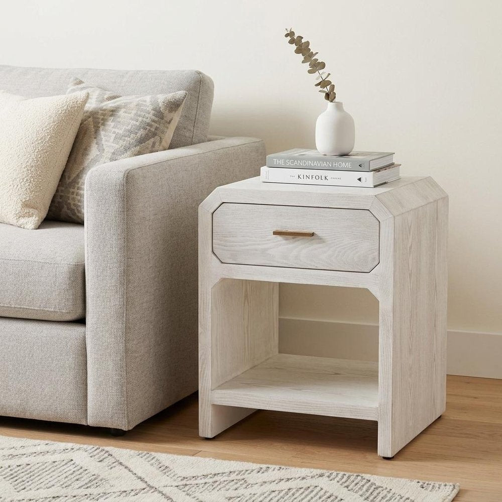 White Wood Block End Table with Drawer and Shelf - 20-inch