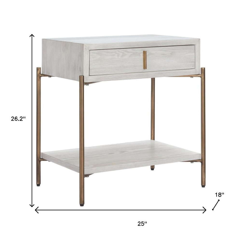 White and Bronze Wood and Steel End Table with Drawer and Shelf