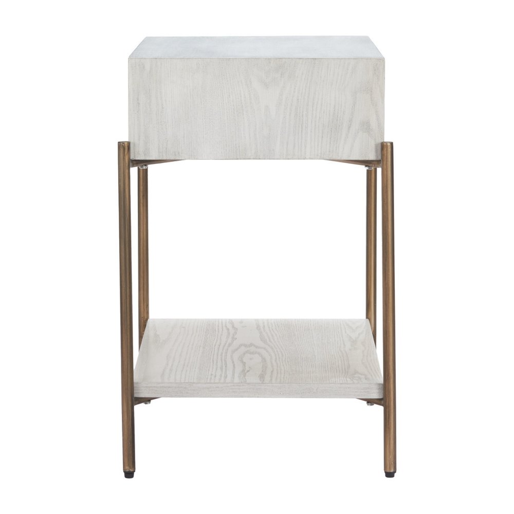 White and Bronze Wood and Steel End Table with Drawer and Shelf