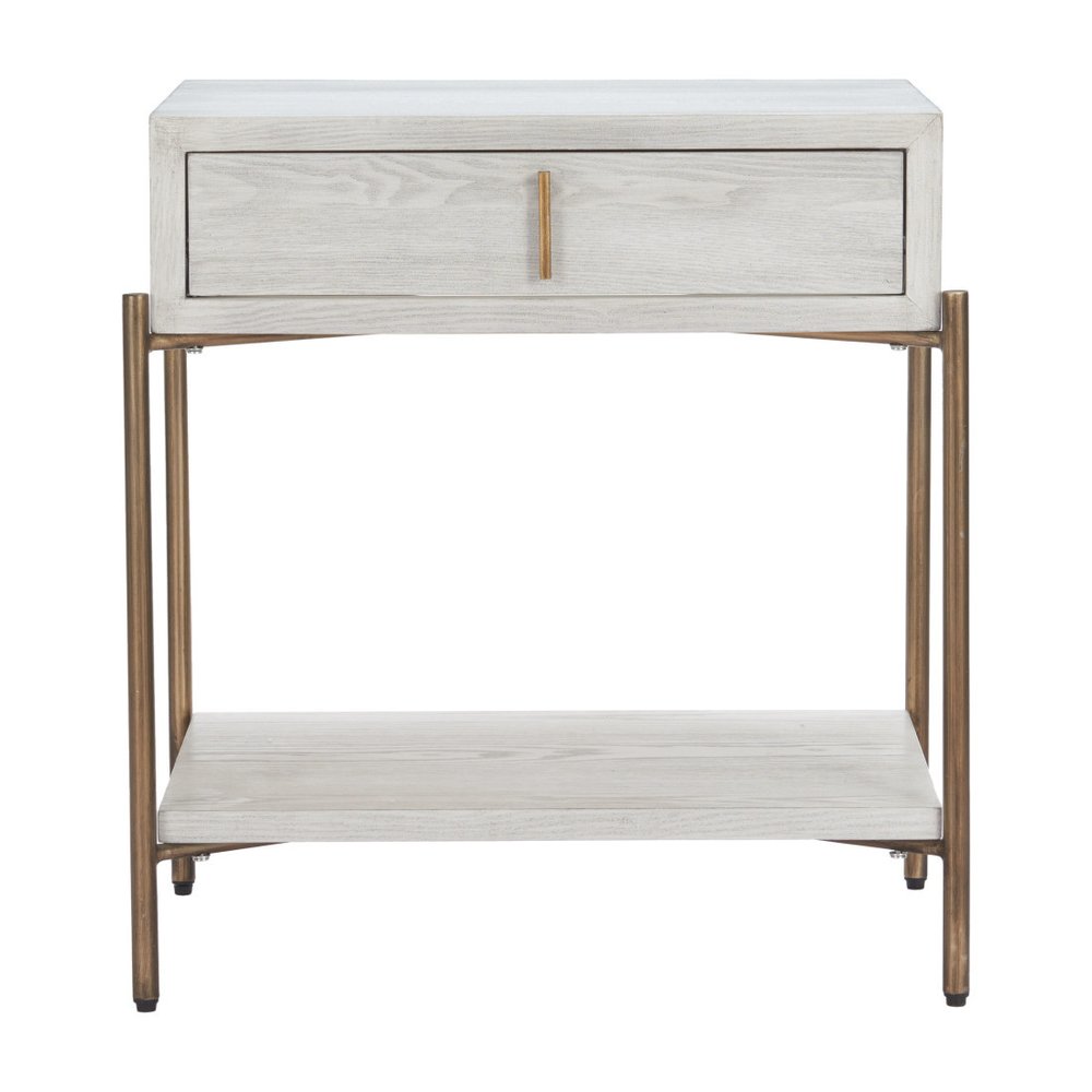 White and Bronze Wood and Steel End Table with Drawer and Shelf
