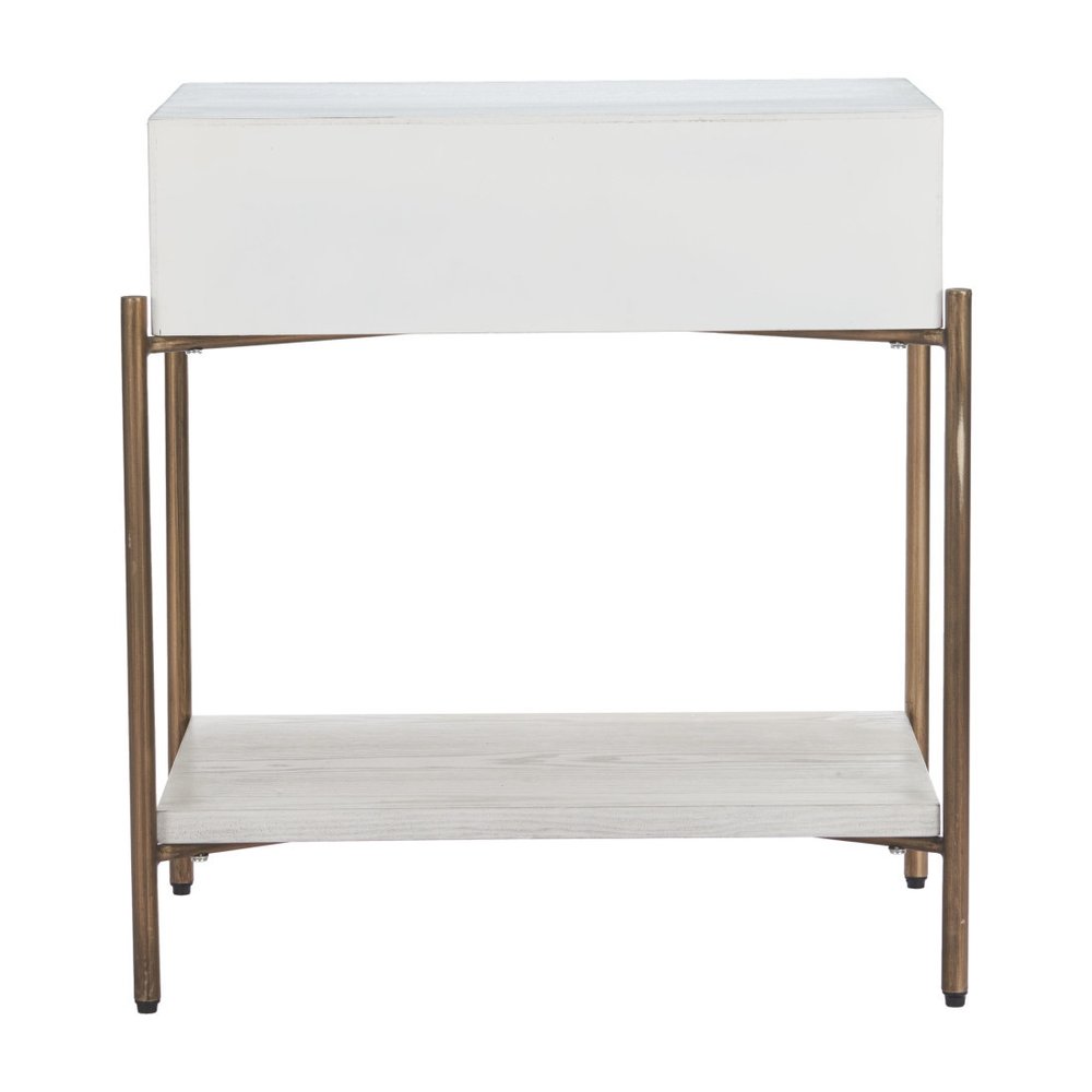 White and Bronze Wood and Steel End Table with Drawer and Shelf