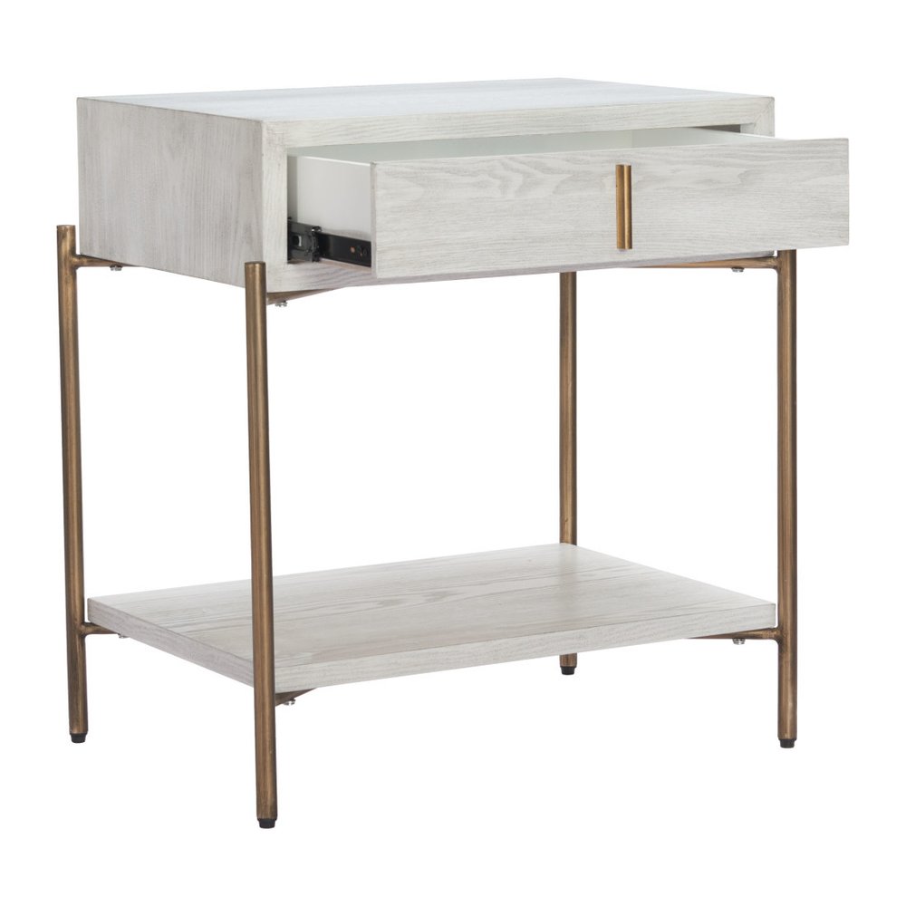 White and Bronze Wood and Steel End Table with Drawer and Shelf