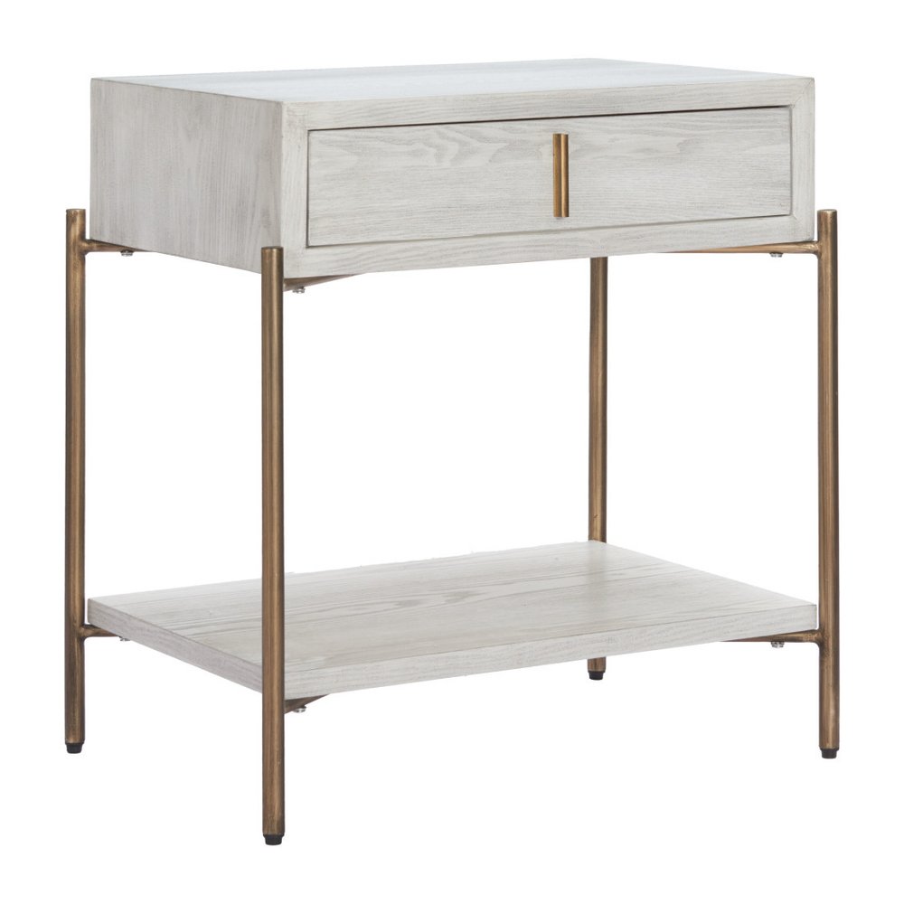 White and Bronze Wood and Steel End Table with Drawer and Shelf