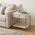 White and Bronze Wood and Steel End Table with Drawer and Shelf