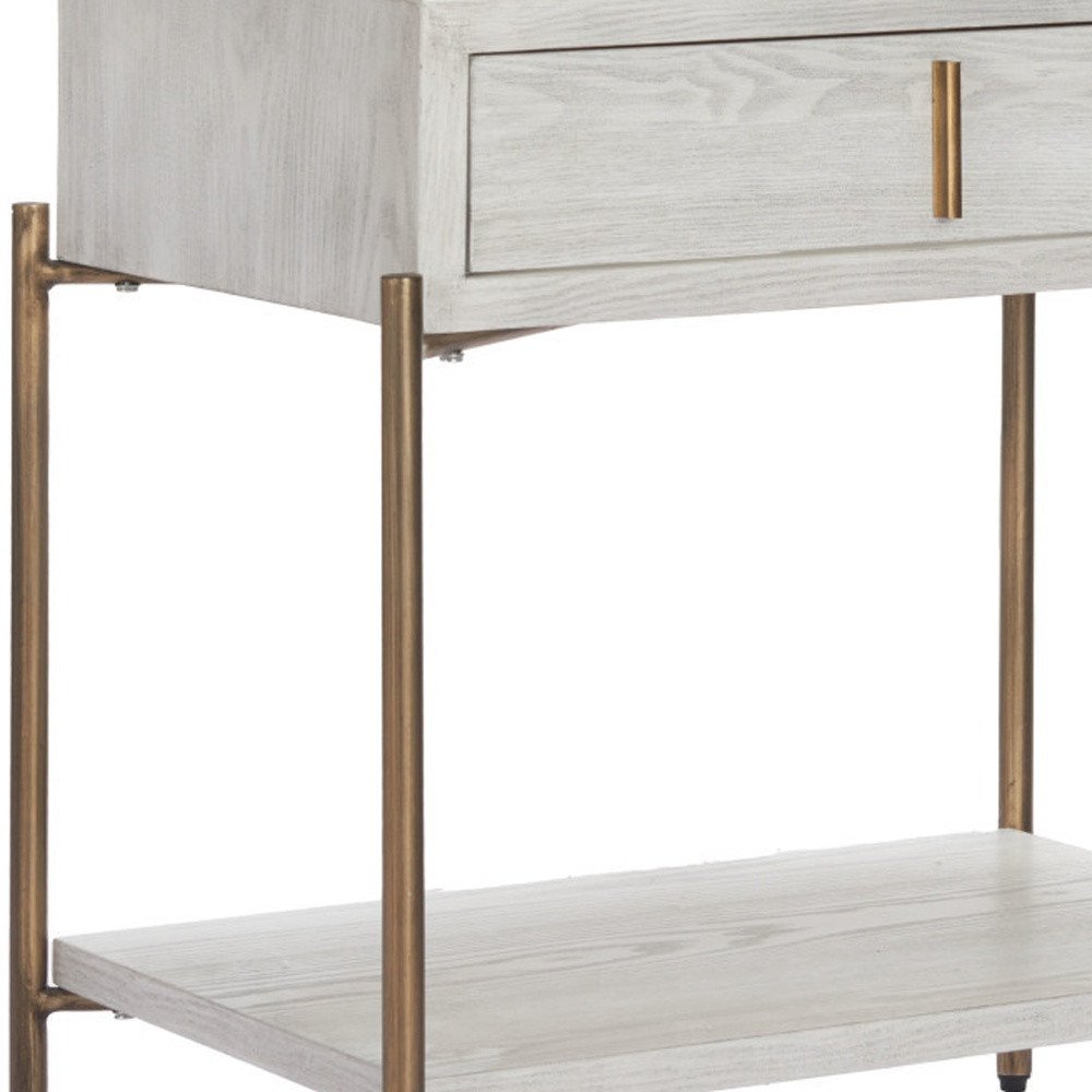 White and Bronze Wood and Steel End Table with Drawer and Shelf
