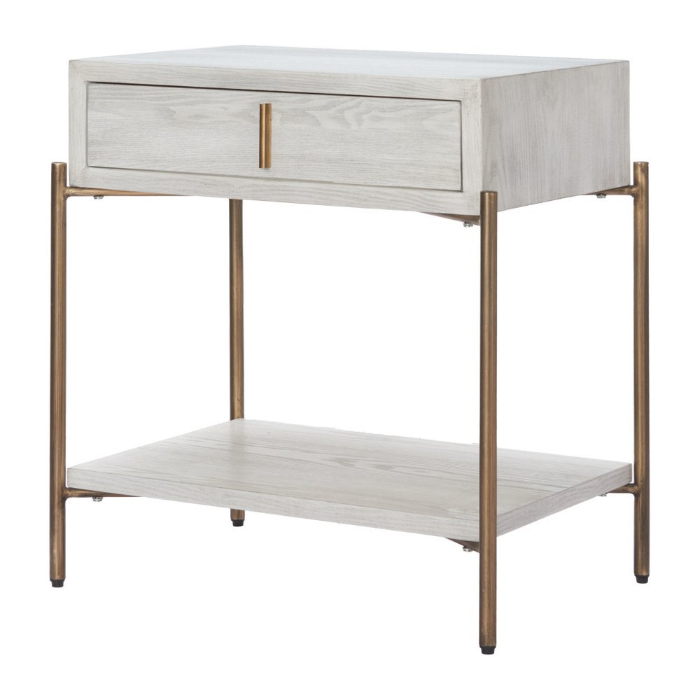 White and Bronze Wood and Steel End Table with Drawer and Shelf
