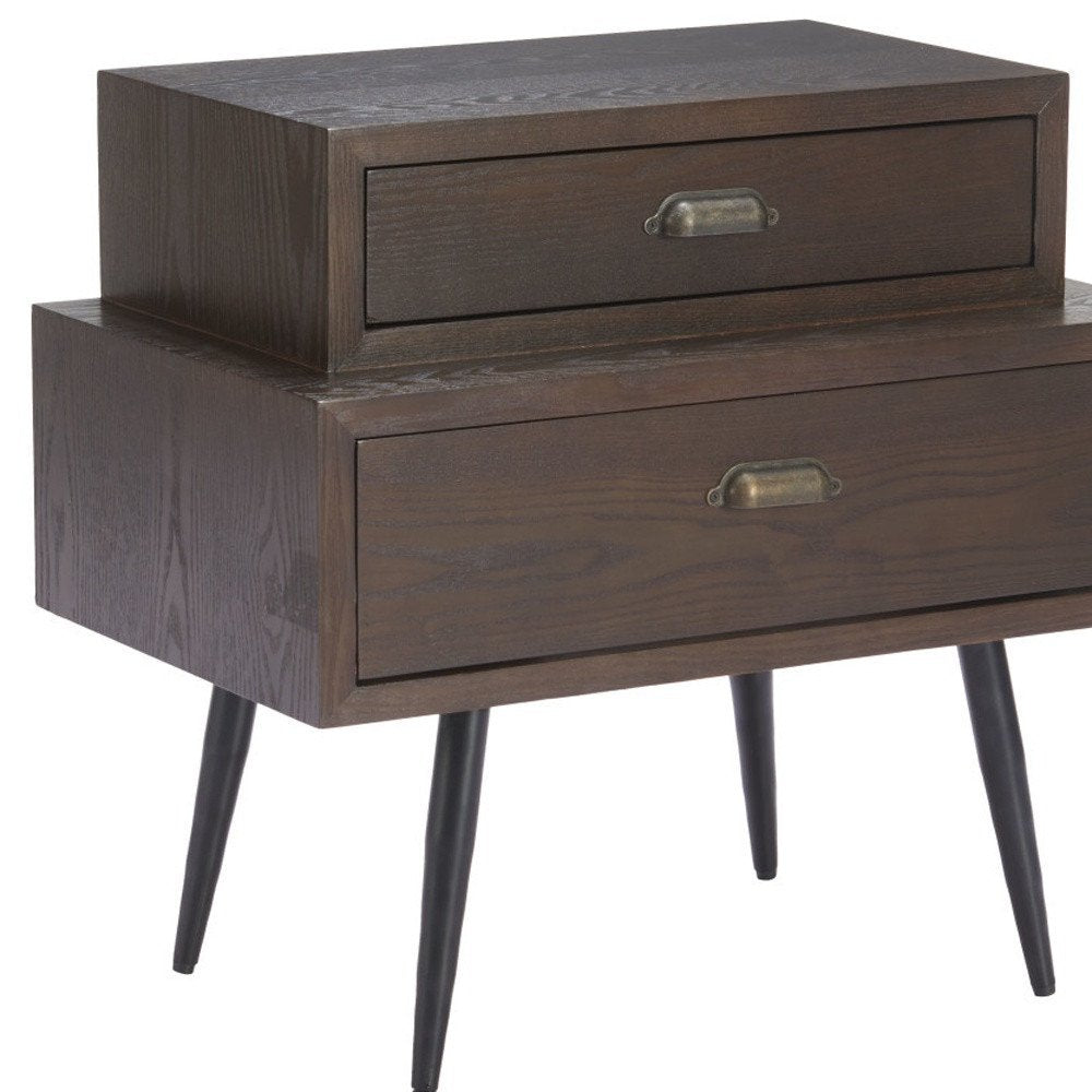Brown Wood Free Form Pedestal End Table with Two Drawers - 24-inch