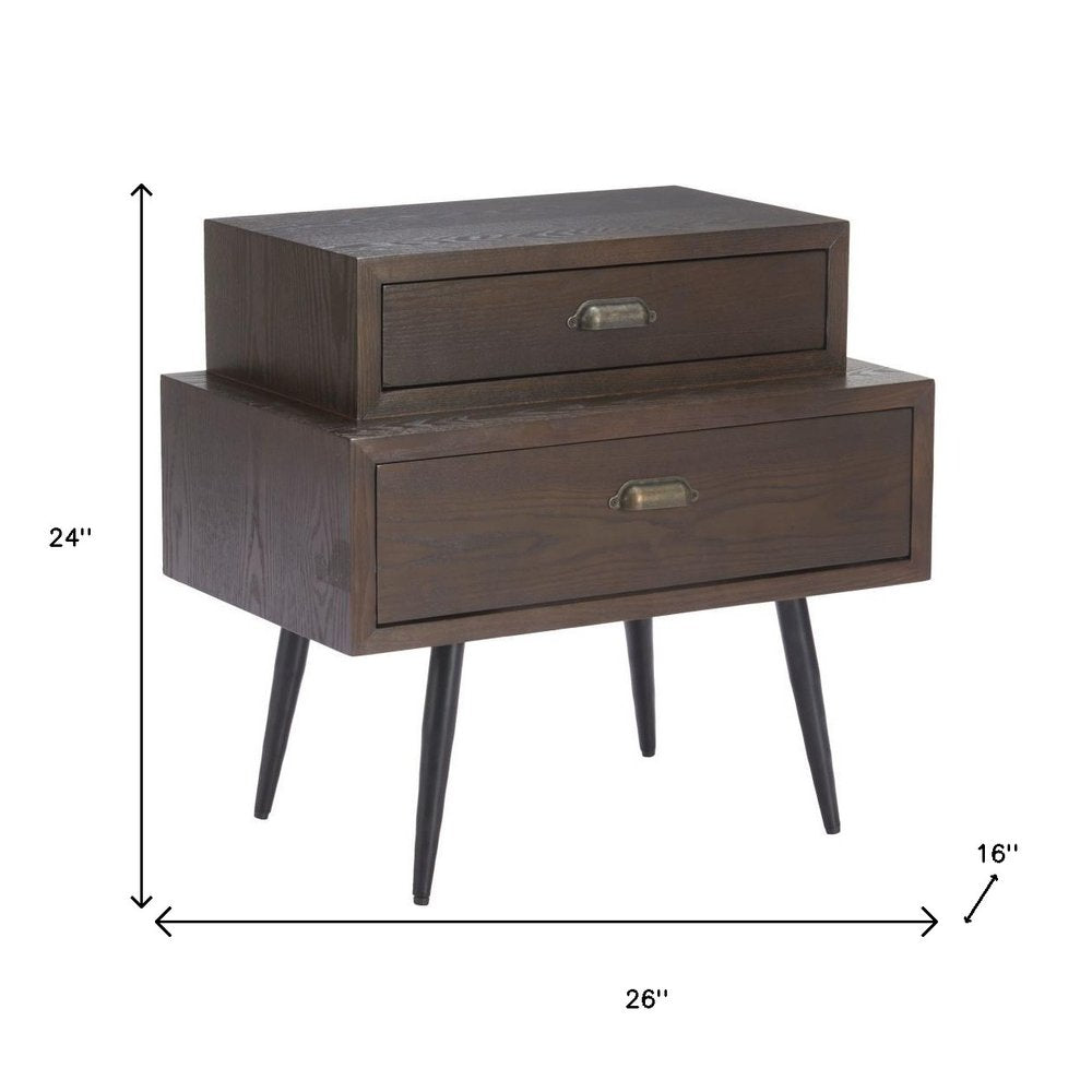 Brown Wood Free Form Pedestal End Table with Two Drawers - 24-inch