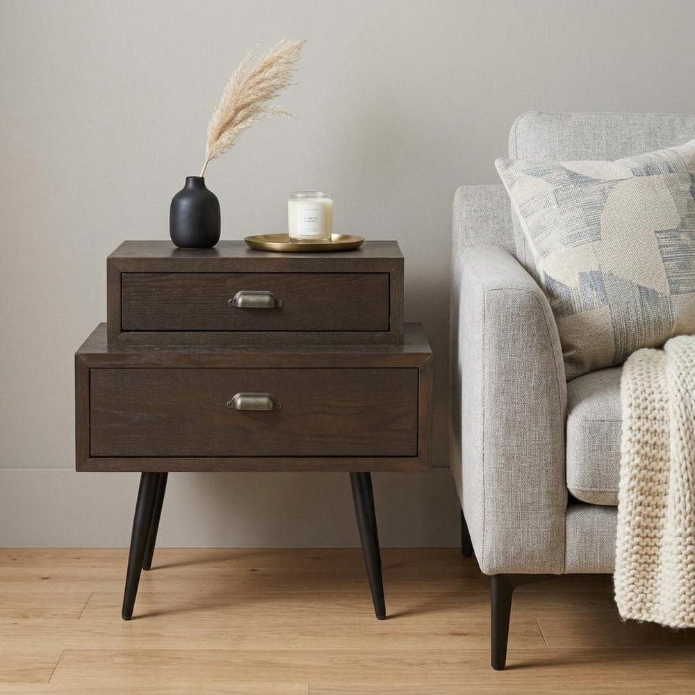 Brown Wood Free Form Pedestal End Table with Two Drawers - 24-inch