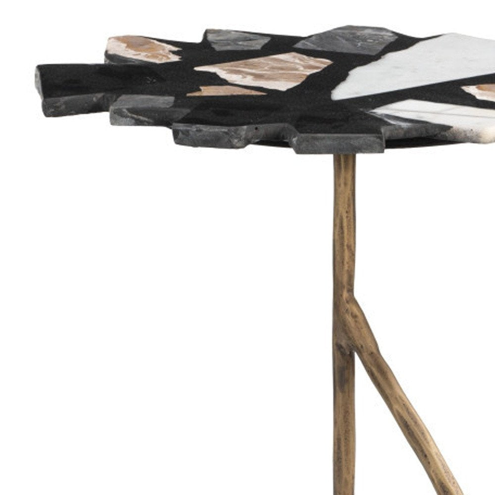 Black Brown White and Gold Terrazzo and Iron Free Form Pedestal End Table