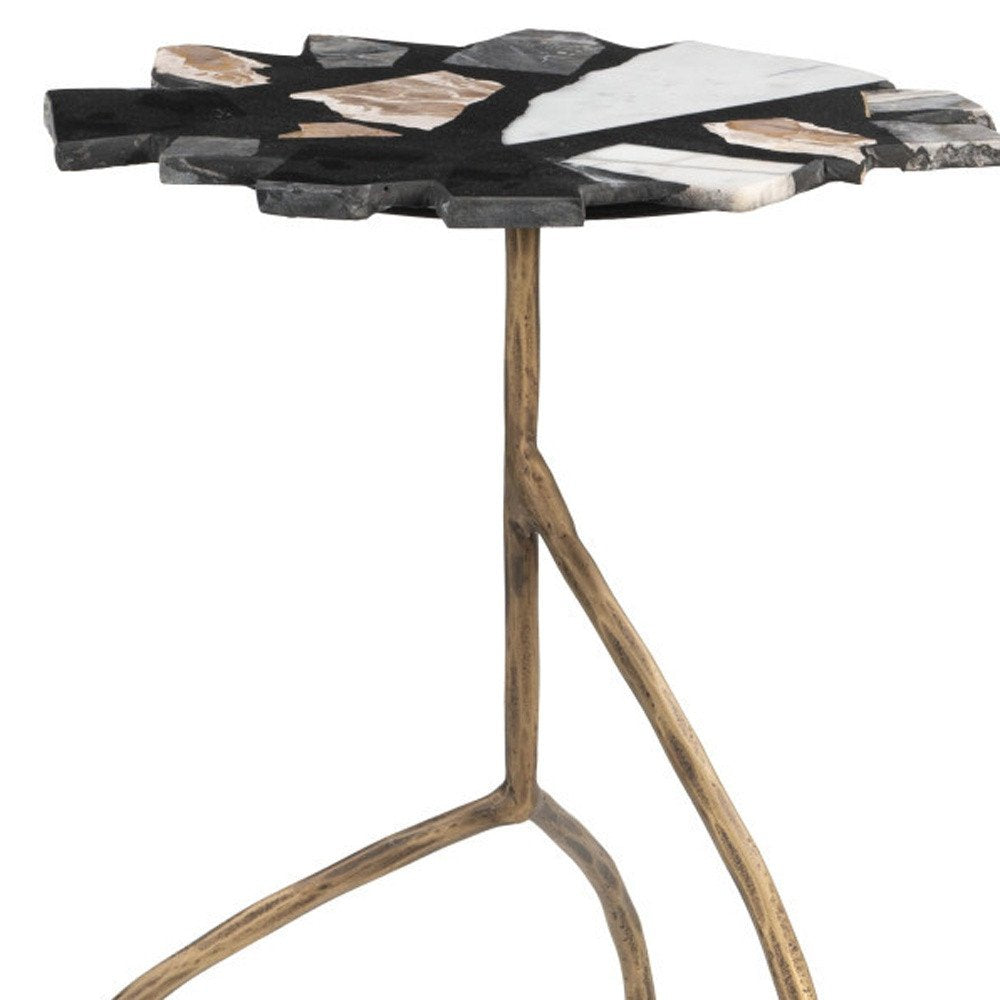 Black Brown White and Gold Terrazzo and Iron Free Form Pedestal End Table