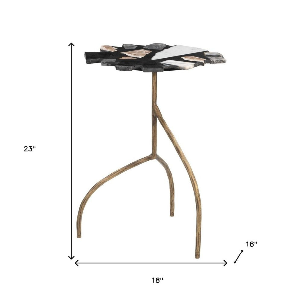 Black Brown White and Gold Terrazzo and Iron Free Form Pedestal End Table