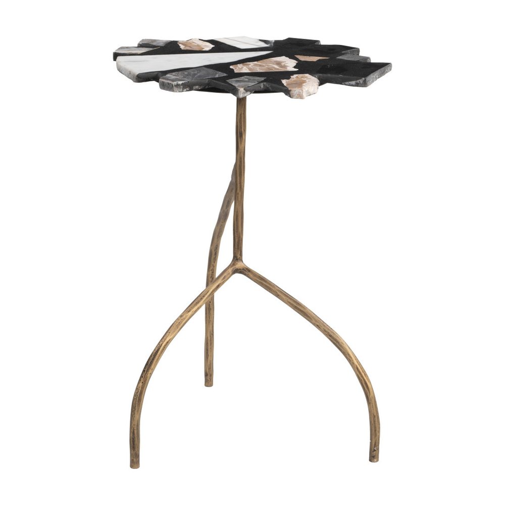 Black Brown White and Gold Terrazzo and Iron Free Form Pedestal End Table