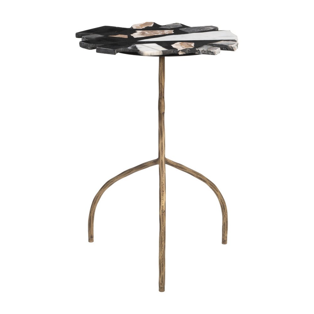 Black Brown White and Gold Terrazzo and Iron Free Form Pedestal End Table