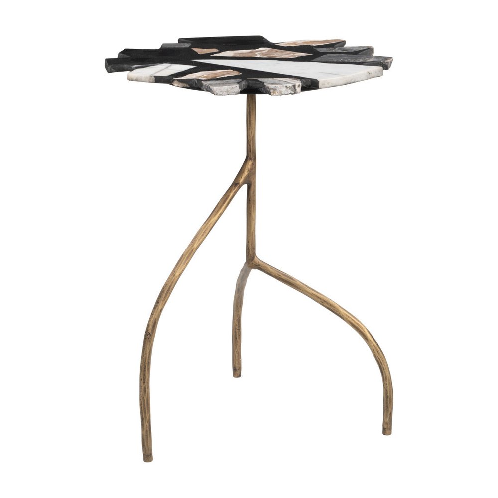 Black Brown White and Gold Terrazzo and Iron Free Form Pedestal End Table