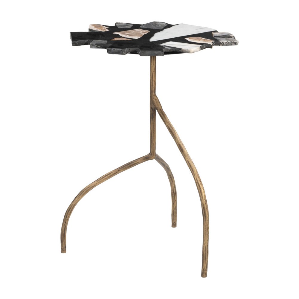 Black Brown White and Gold Terrazzo and Iron Free Form Pedestal End Table