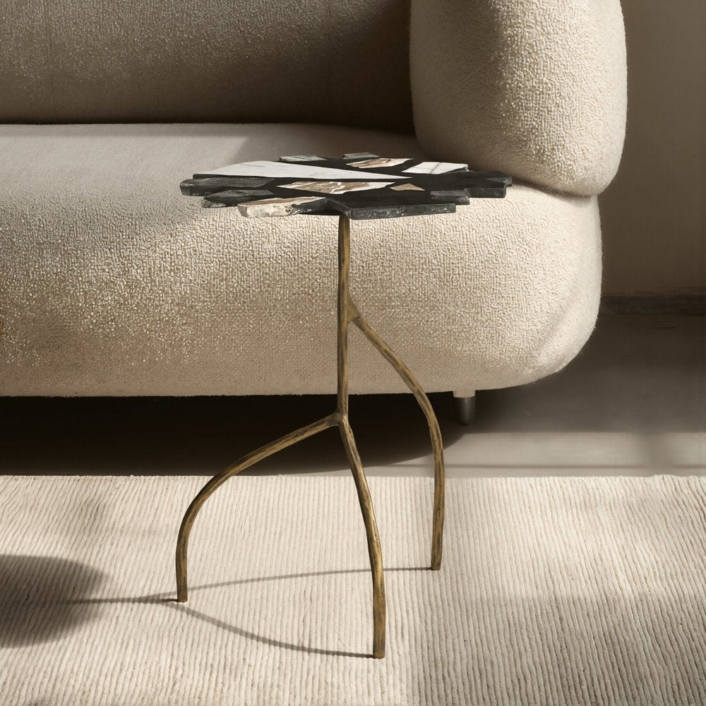 Black Brown White and Gold Terrazzo and Iron Free Form Pedestal End Table