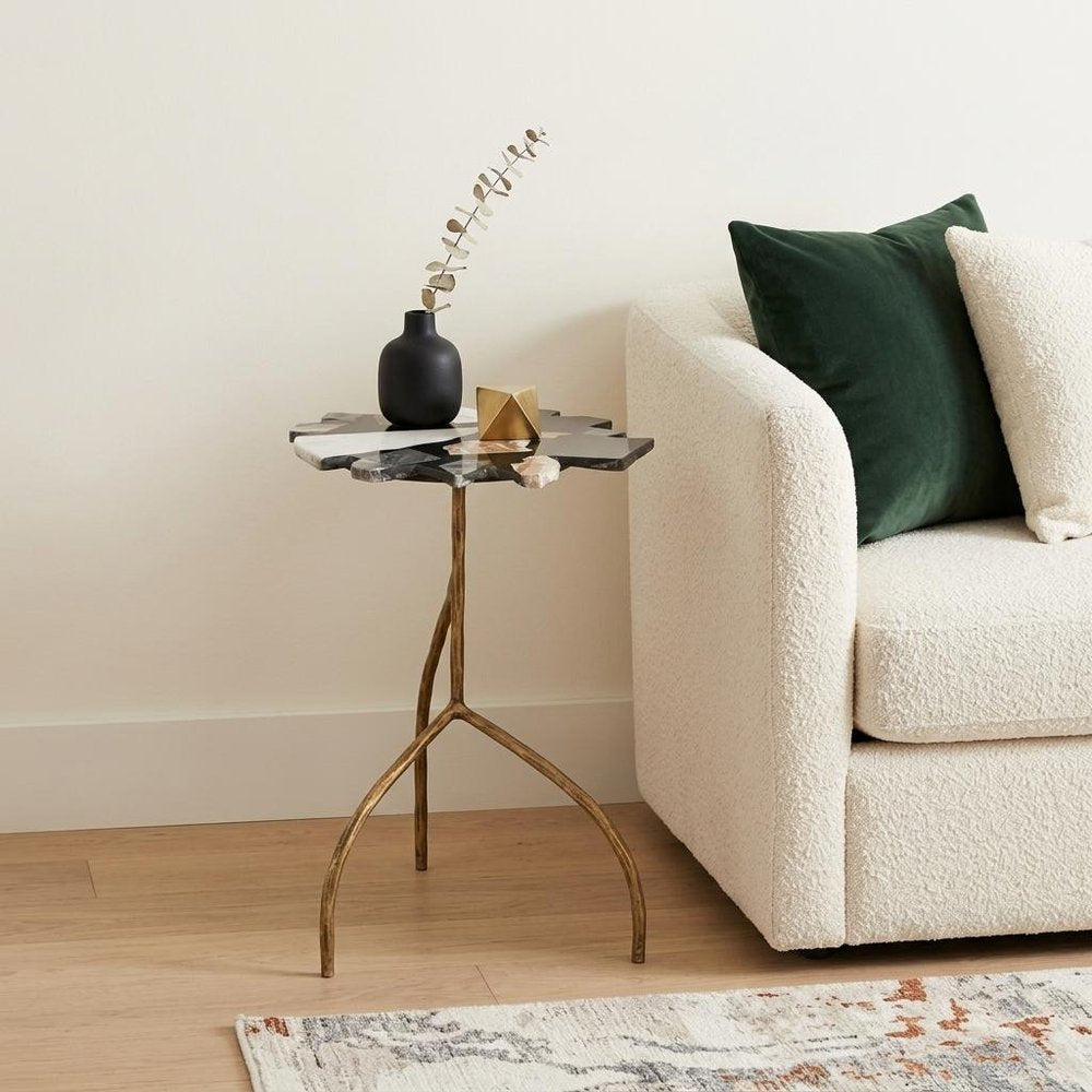 Black Brown White and Gold Terrazzo and Iron Free Form Pedestal End Table