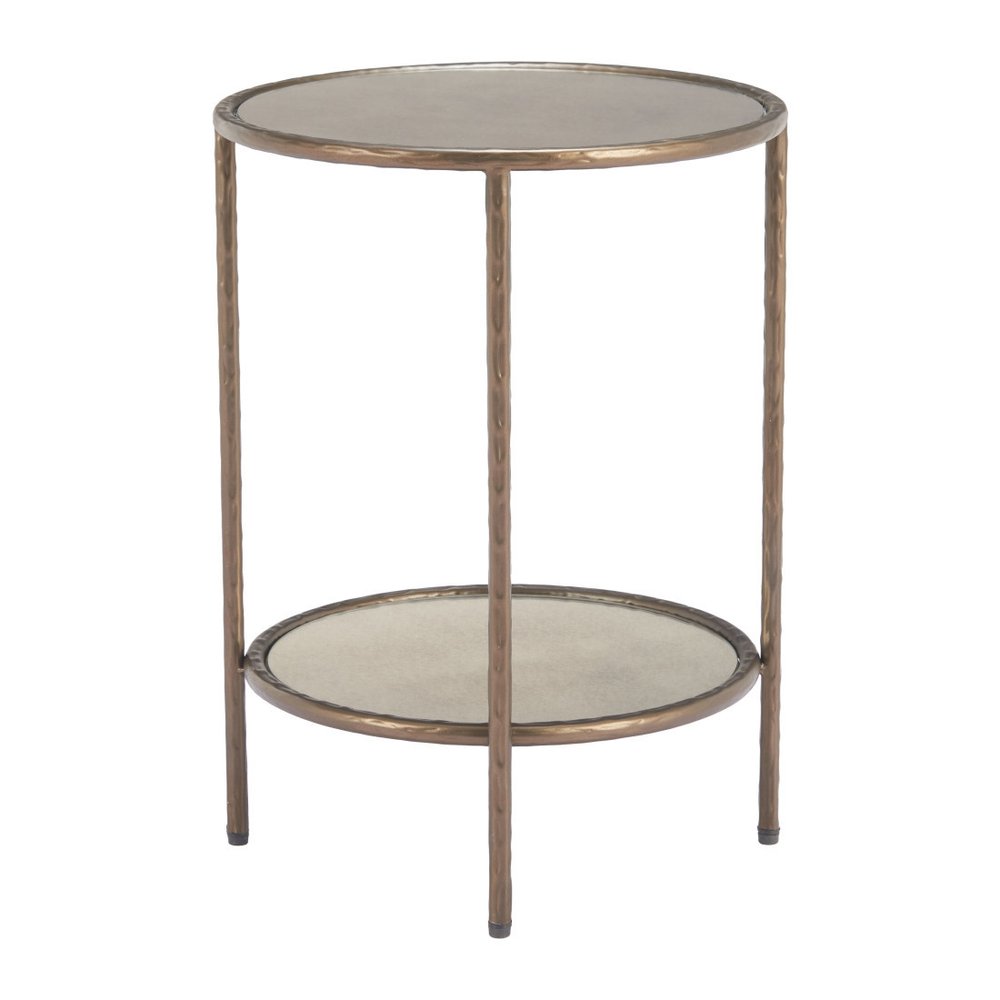 Beige and Bronze Mirrored Glass and Steel Free Form End Table with Shelf