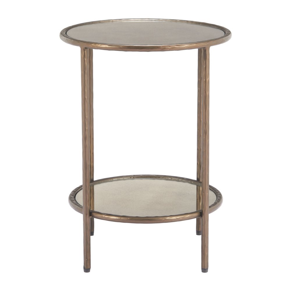 Beige and Bronze Mirrored Glass and Steel Free Form End Table with Shelf