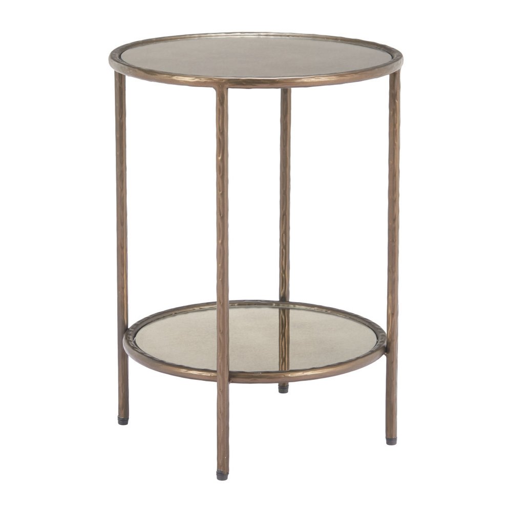 Beige and Bronze Mirrored Glass and Steel Free Form End Table with Shelf
