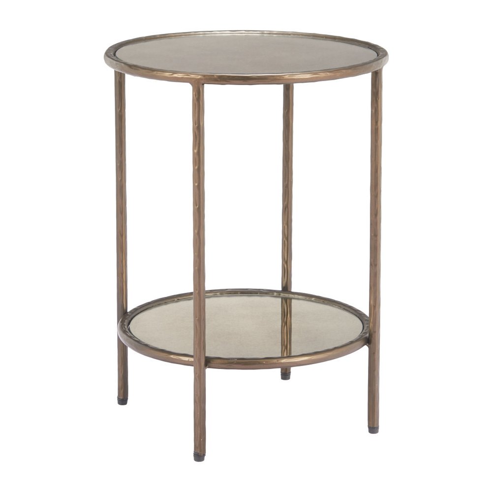 Beige and Bronze Mirrored Glass and Steel Free Form End Table with Shelf