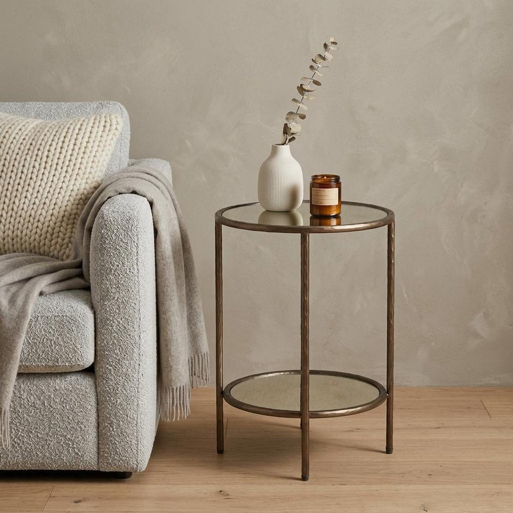 Beige and Bronze Mirrored Glass and Steel Free Form End Table with Shelf