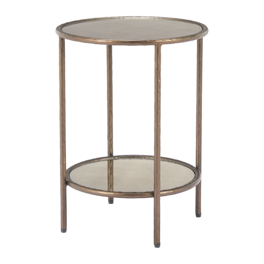 Beige and Bronze Mirrored Glass and Steel Free Form End Table with Shelf