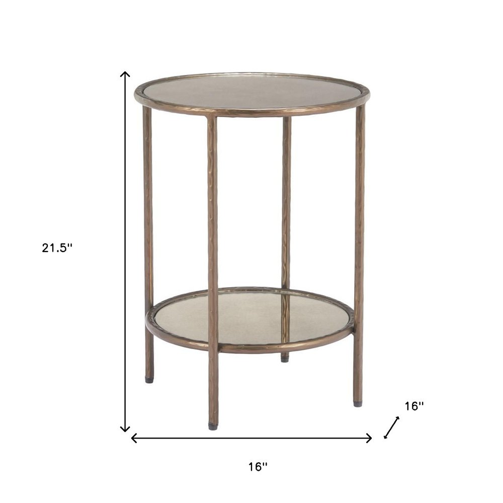 Beige and Bronze Mirrored Glass and Steel Free Form End Table with Shelf