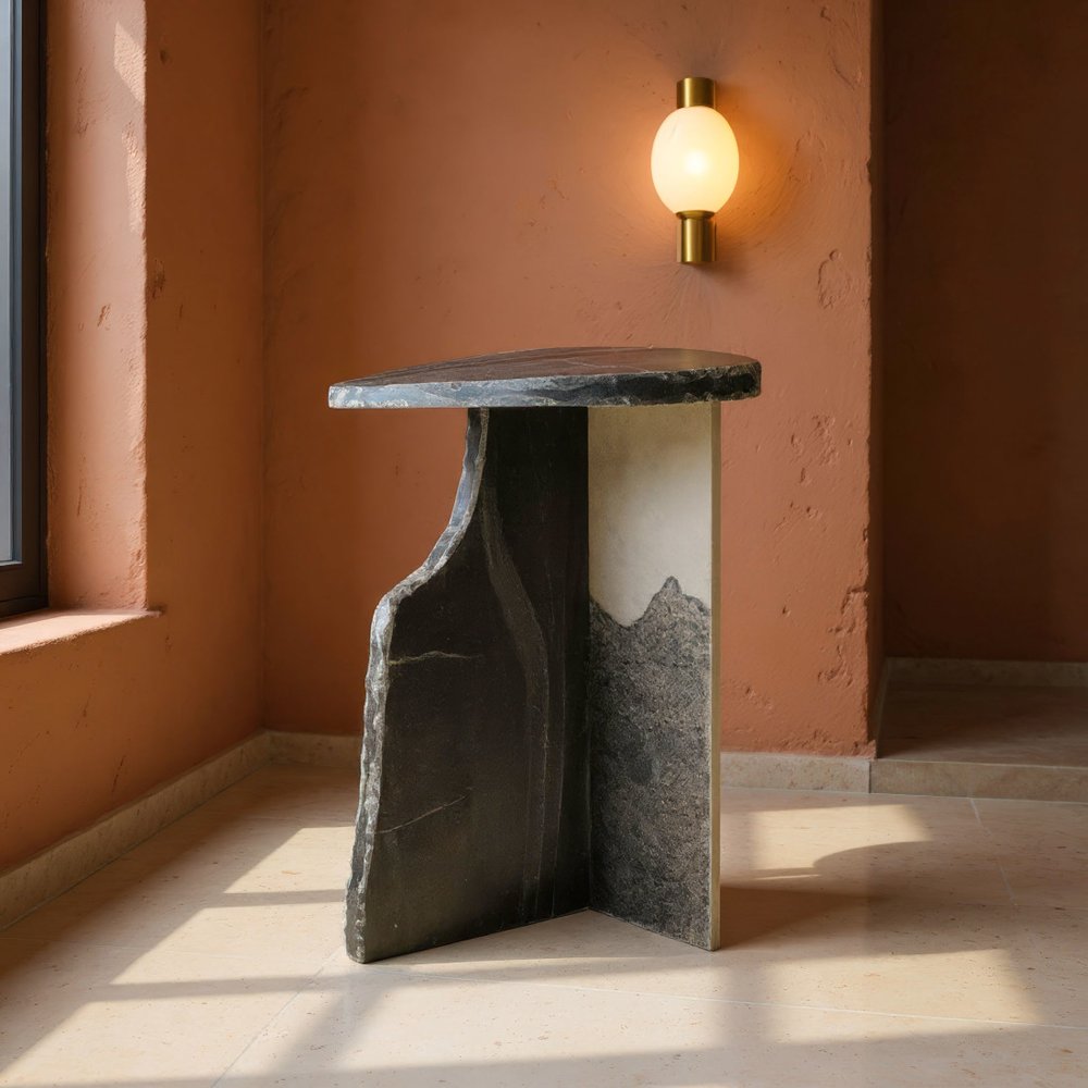 Black Marble and Iron Free Form Pedestal End Table - 24-inch