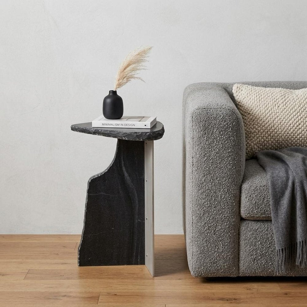 Black Marble and Iron Free Form Pedestal End Table - 24-inch