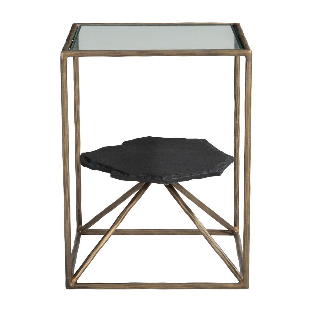 Brass Glass Iron and Marble Free Form Pedestal End Table - 24-inch