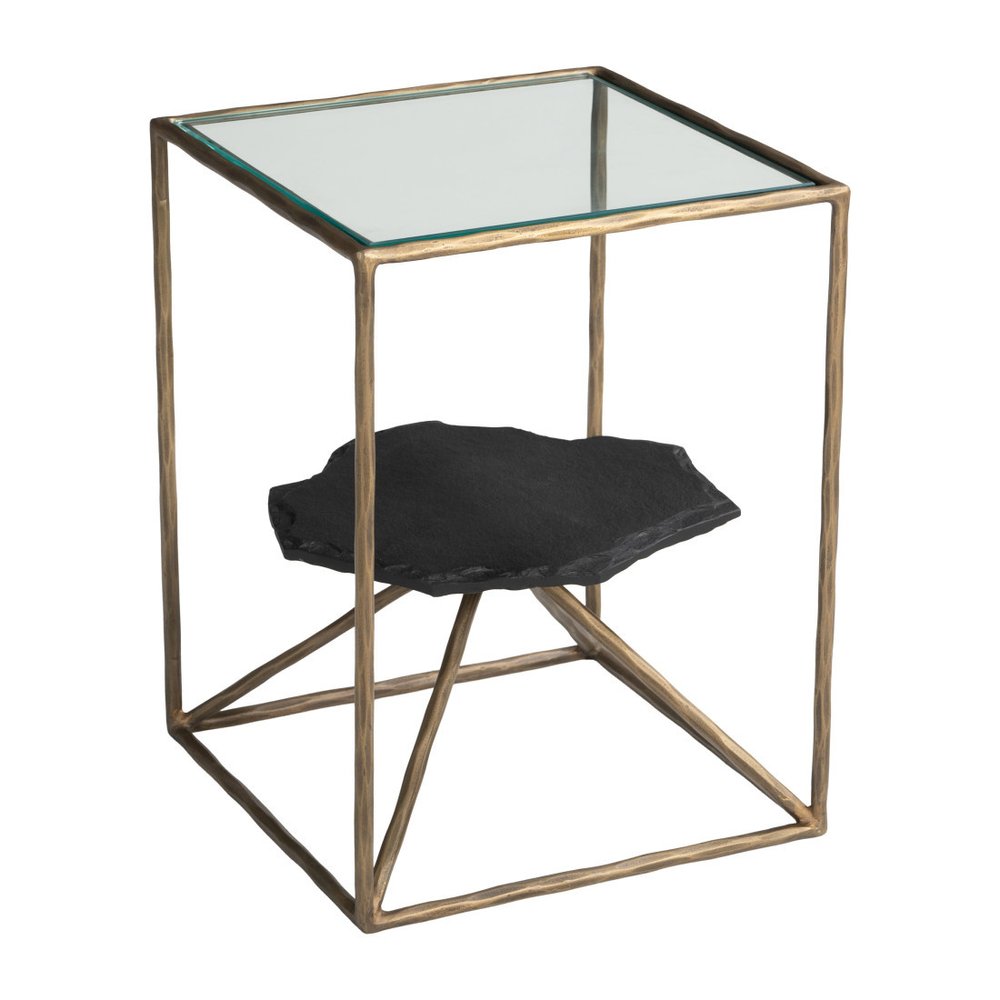 Brass Glass Iron and Marble Free Form Pedestal End Table - 24-inch