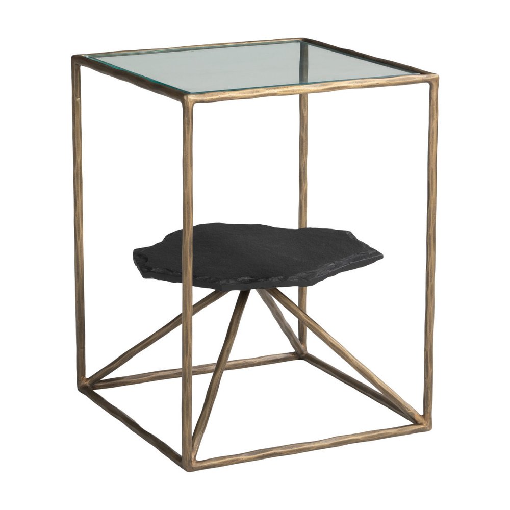 Brass Glass Iron and Marble Free Form Pedestal End Table - 24-inch