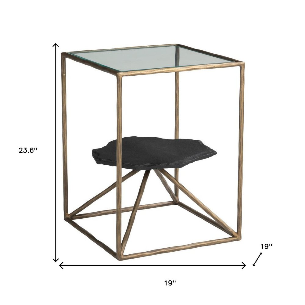 Brass Glass Iron and Marble Free Form Pedestal End Table - 24-inch