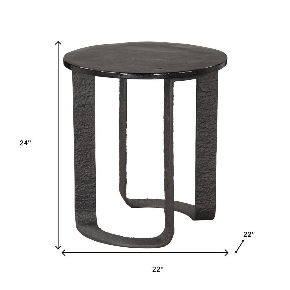 Black Glass and Aluminum Circular Sled End Table - 24-inch