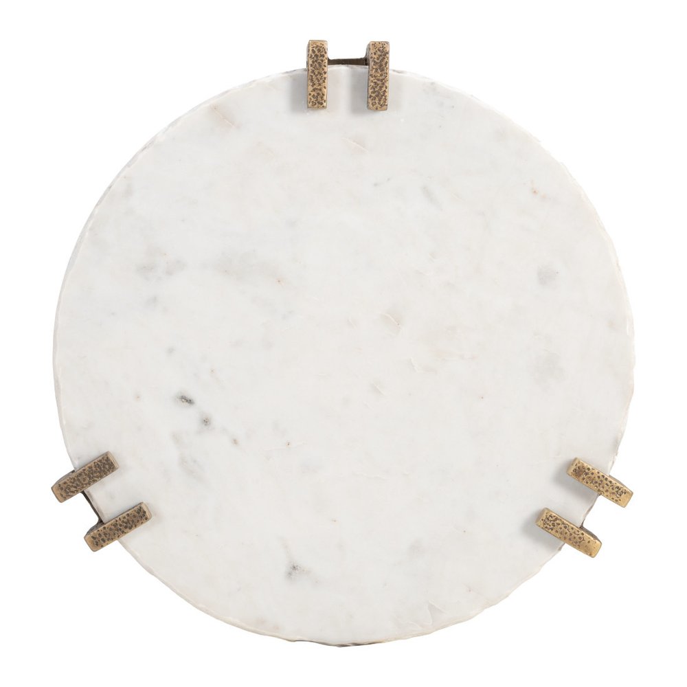 White and Brass Distressed Marble and Iron Circular End Table