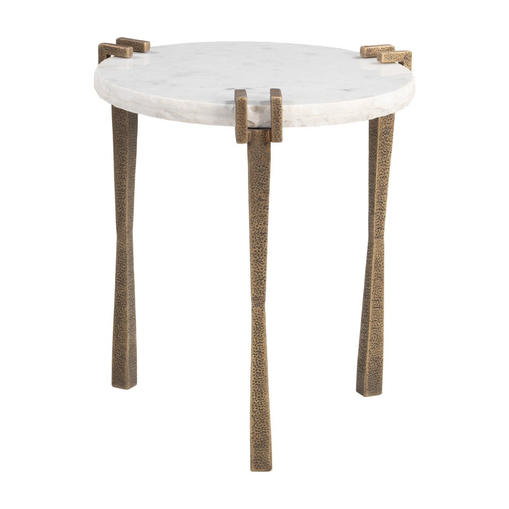 White and Brass Distressed Marble and Iron Circular End Table