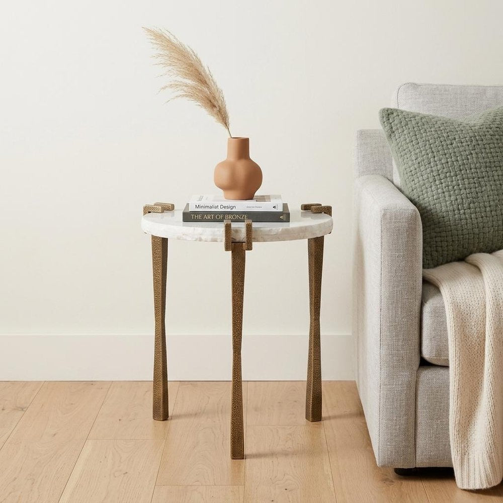White and Brass Distressed Marble and Iron Circular End Table