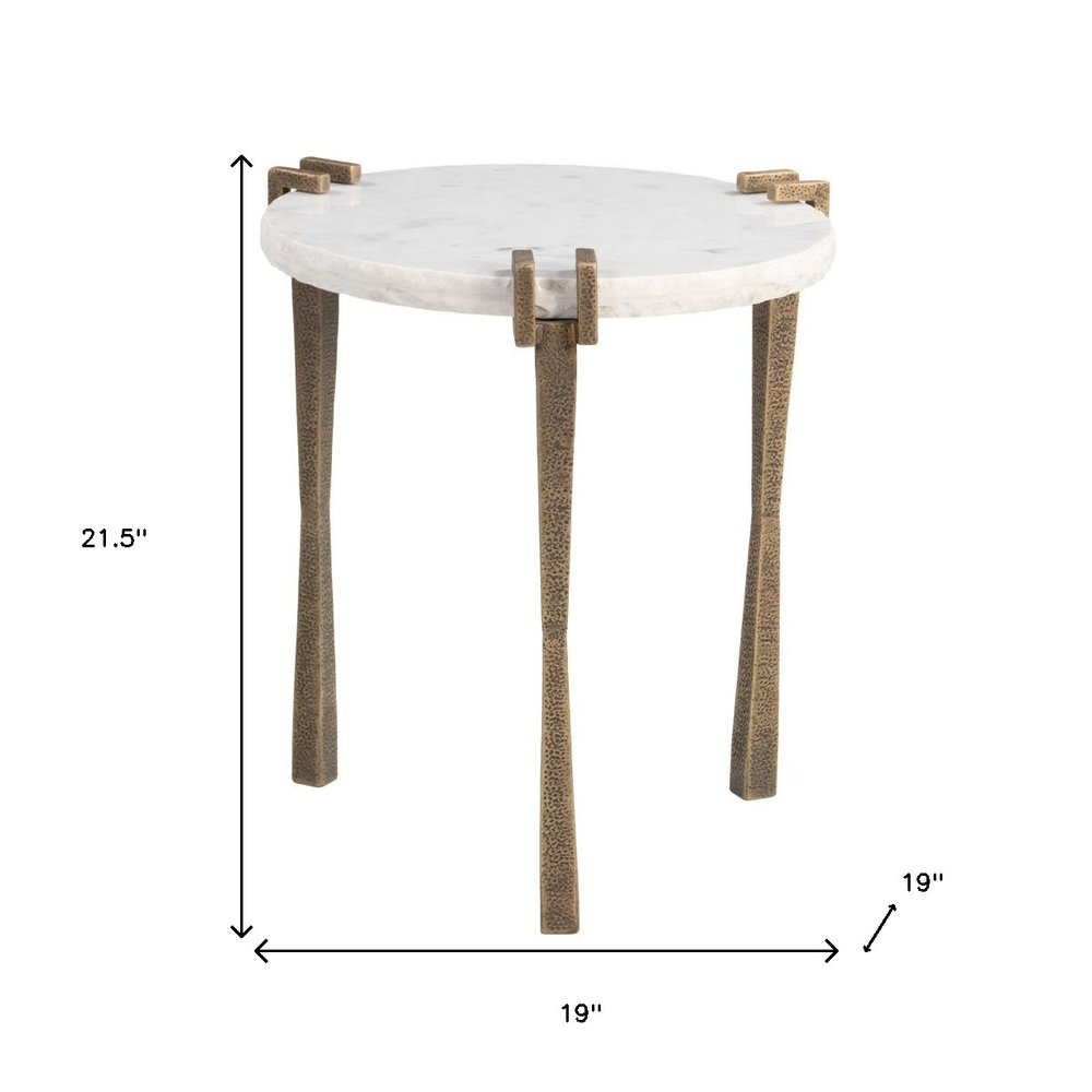 White and Brass Distressed Marble and Iron Circular End Table