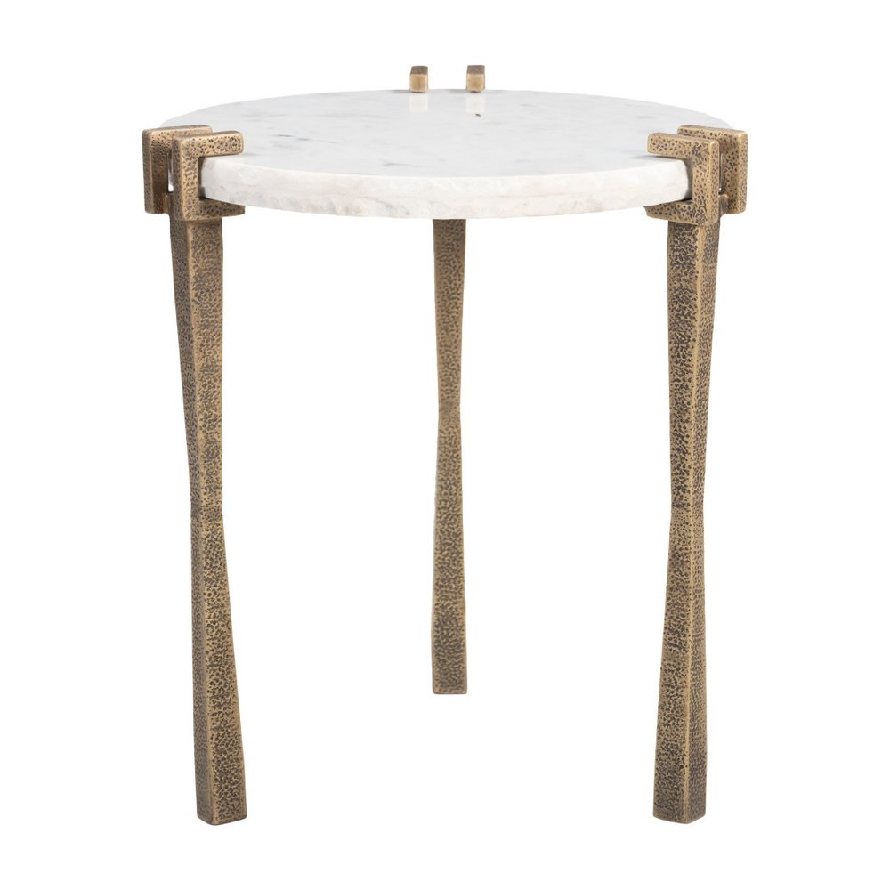 White and Brass Distressed Marble and Iron Circular End Table