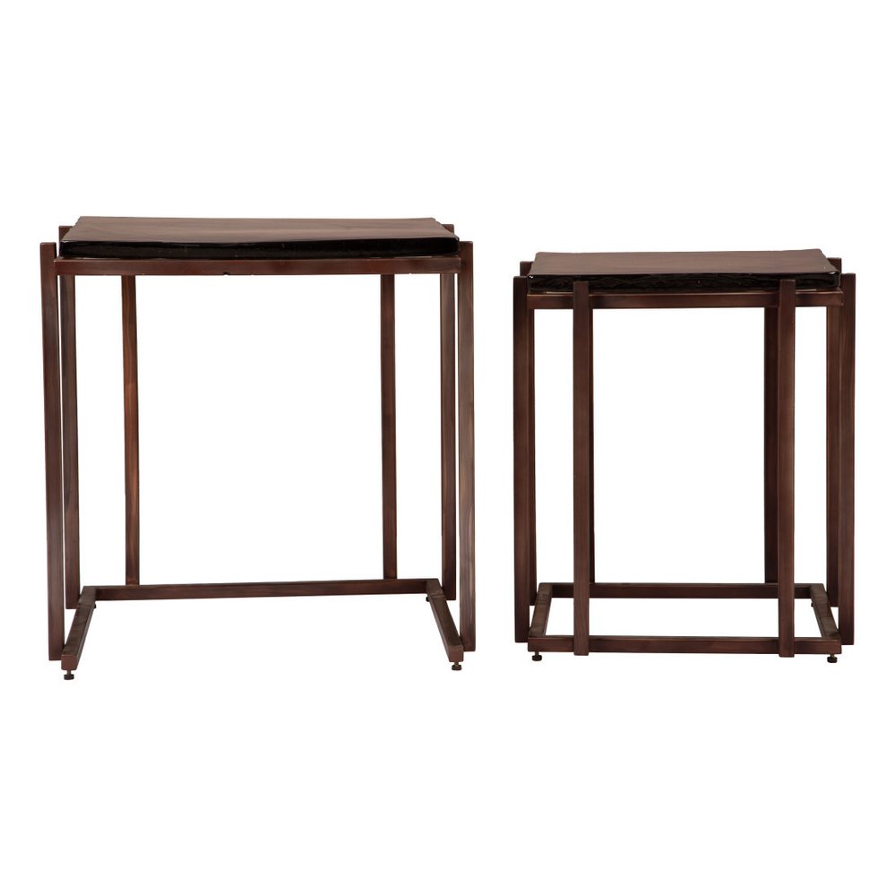 Set of Two Bronze Glass and Iron Square Frame Nested Tables
