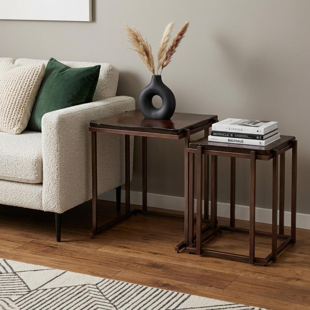 Set of Two Bronze Glass and Iron Square Frame Nested Tables