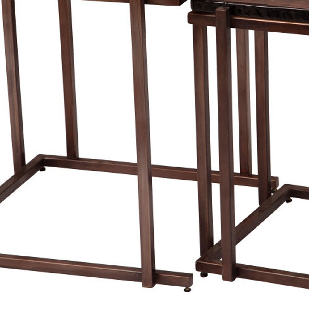 Set of Two Bronze Glass and Iron Square Frame Nested Tables