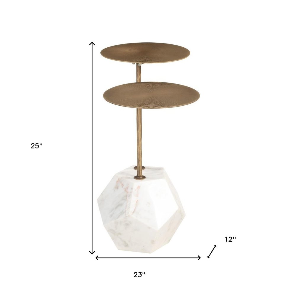 Brass and White Marble and Iron Circular Pedestal End Table - 25-inch